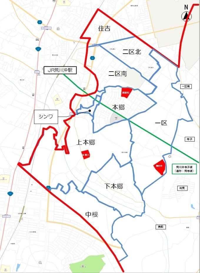 本郷小学校区の学校位置図