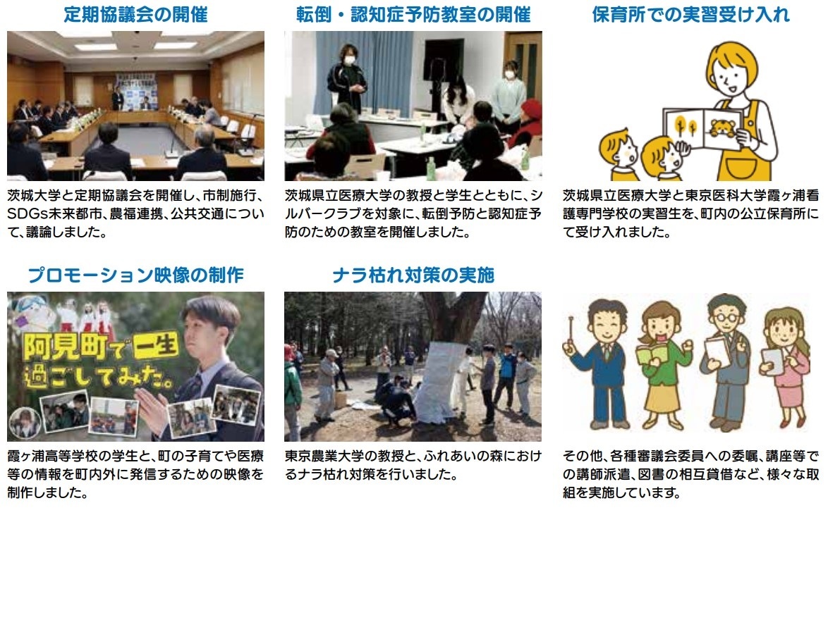 阿見町との取組について紹介しています。定期協議会(茨城大学)・転倒認知症予防教室(茨城県立医療大学)・保育所での実習受け入れ(茨城県立医療大学および東京医科大学霞ヶ浦看護専門学校)・プロモーション映像制作(霞ヶ浦高校)・ナラ枯れ対策の実施(東京農業大学)